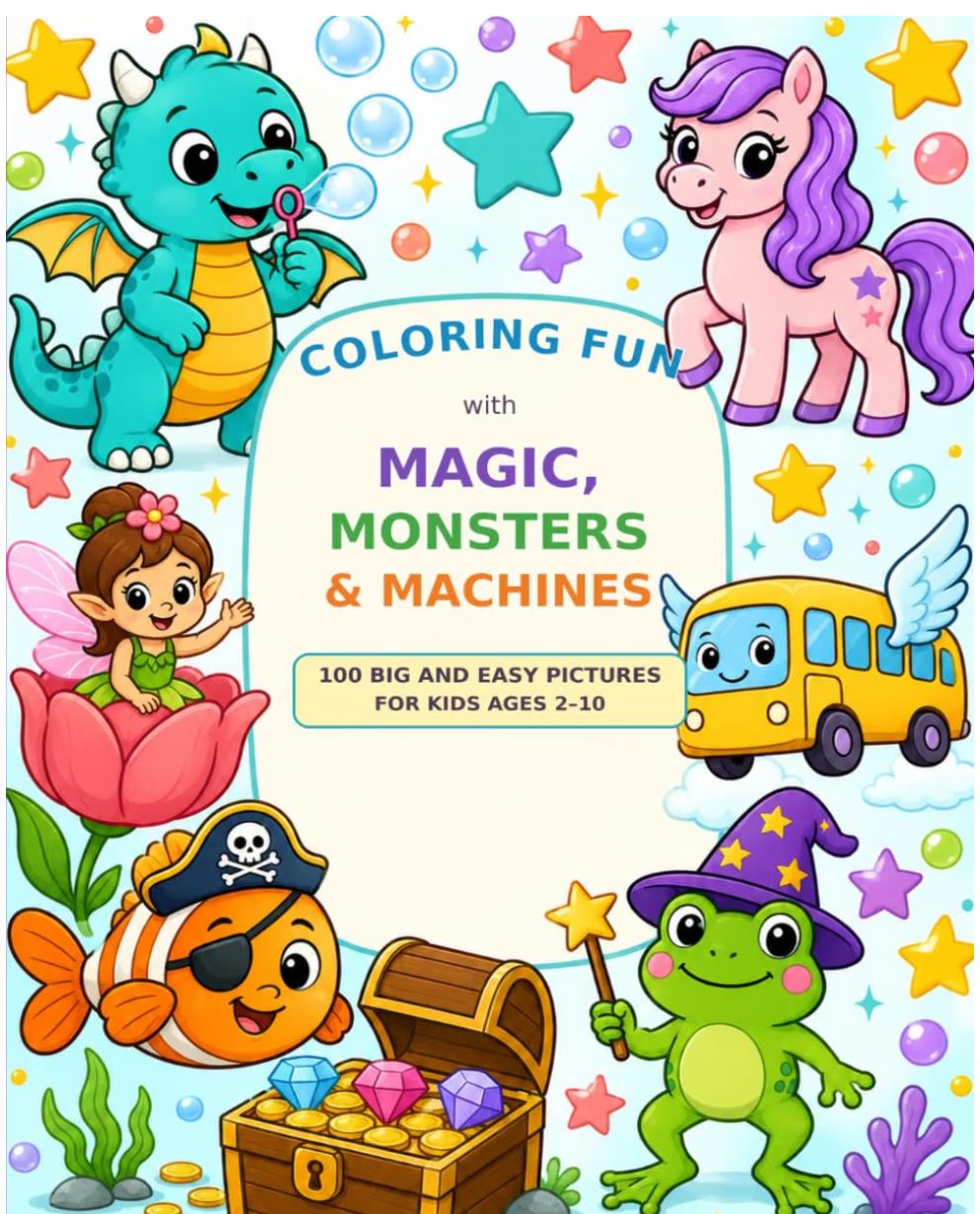 Cover of Coloring Fun with Magic, Monsters and Machines, featuring a friendly dragon, pony, fairy, flying bus, pirate fish and wizard frog